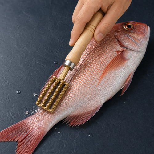 Professional Japanese-Style Brass Fish Scaler with Wooden Handle